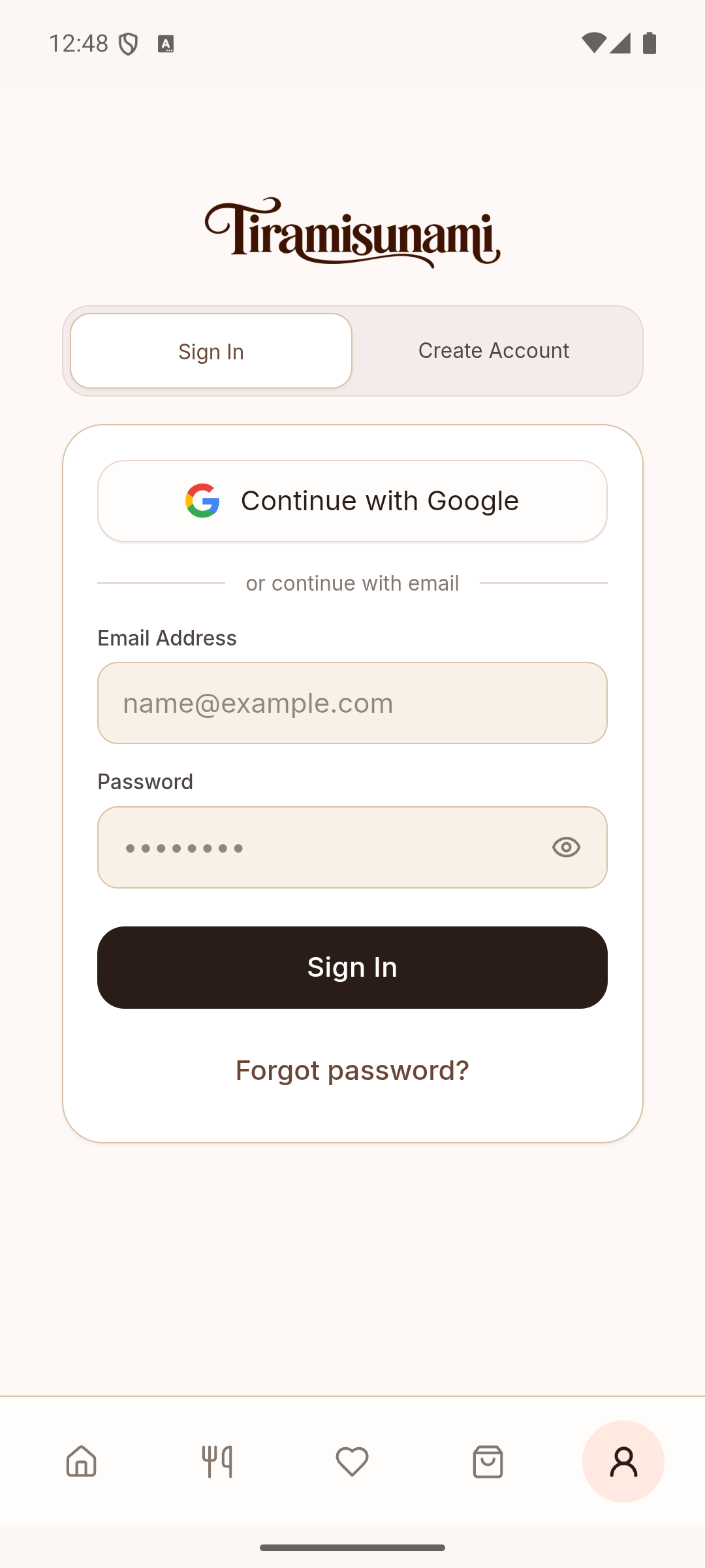 Tiramisunami Official Mobile App Account Screen