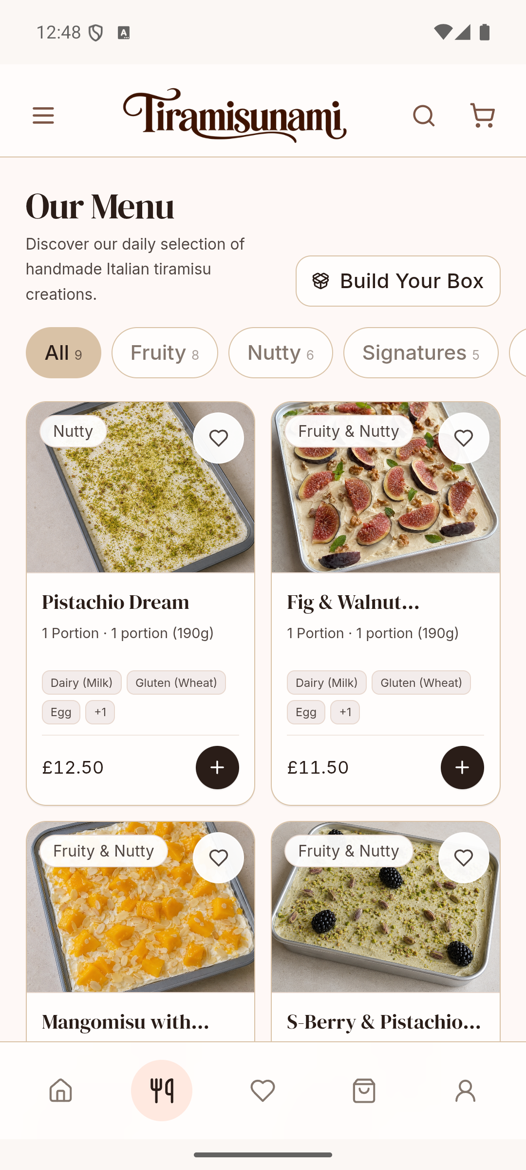 Tiramisunami Official Mobile App Menu Screen